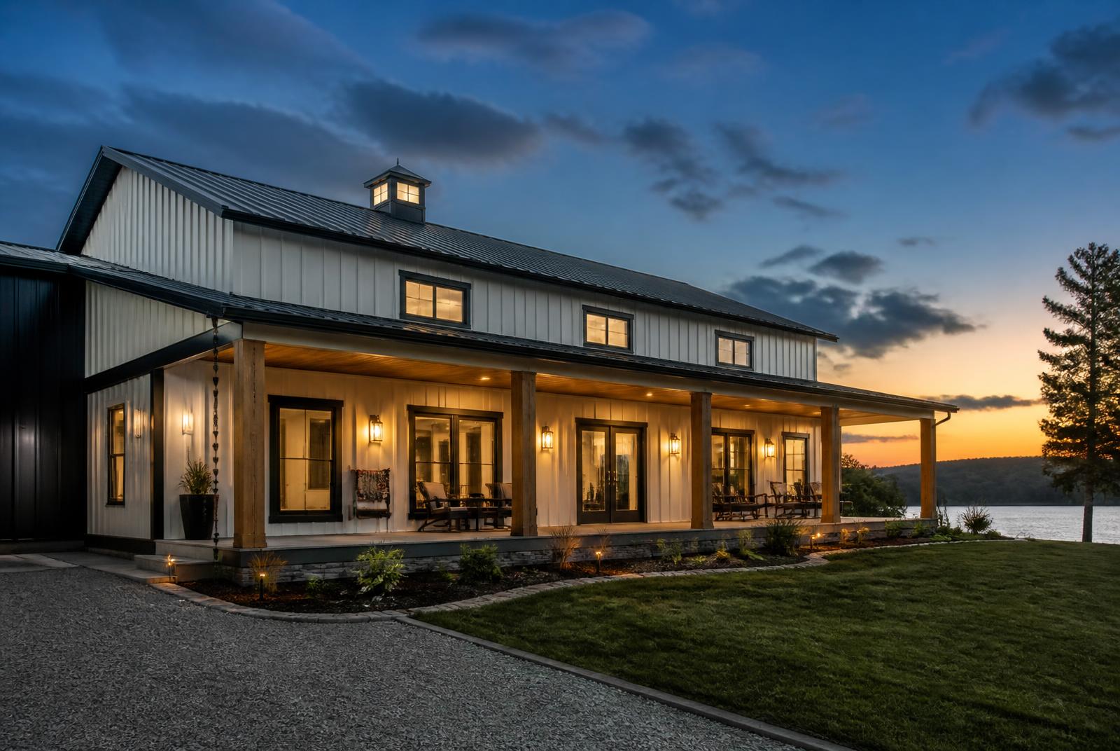 Representative image of a white and charcoal barndominium at dusk near a lake