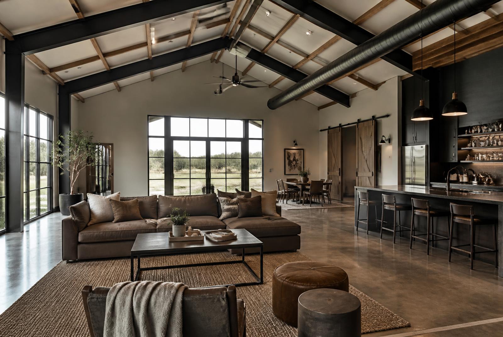 Representative image of a barndominium great room with exposed steel beams, concrete floors, and large windows