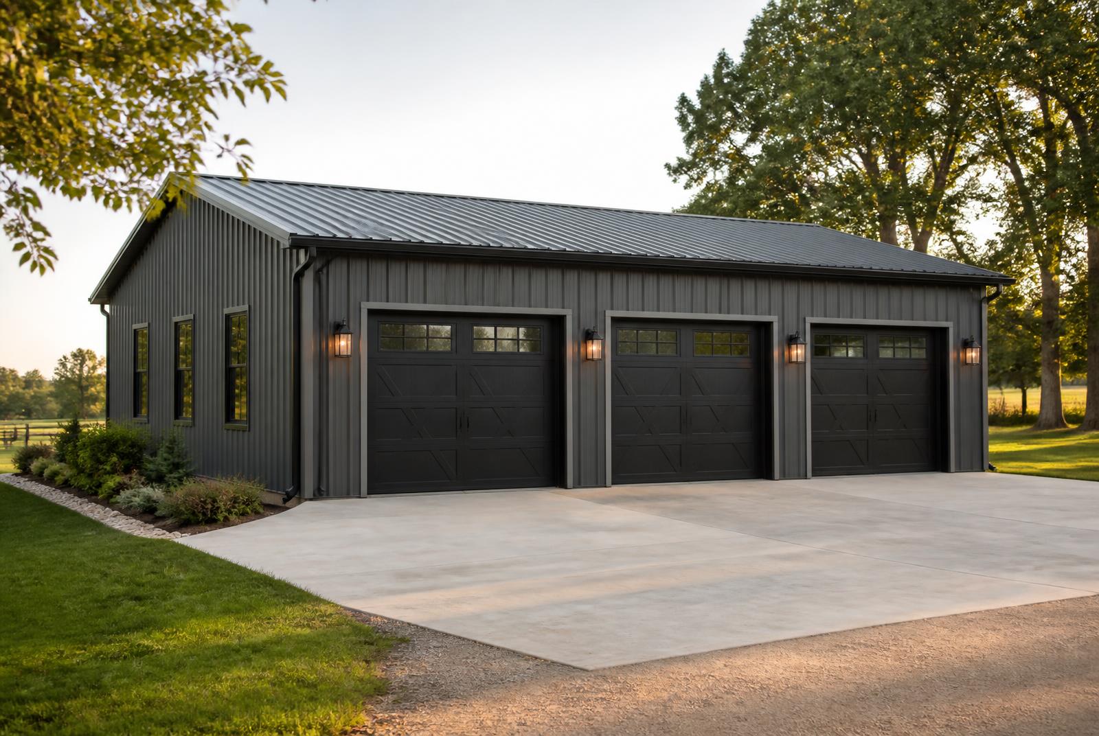 Representative image of a three-bay detached metal garage with charcoal siding on a rural property